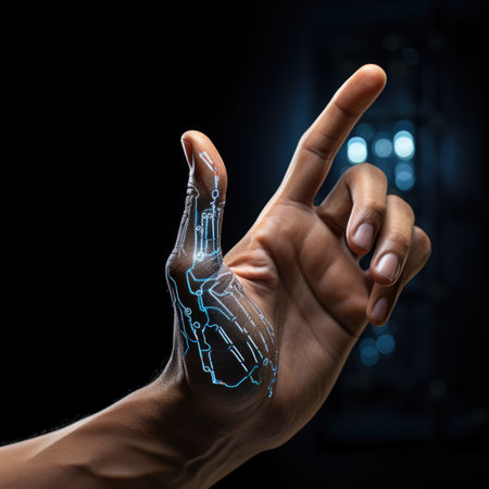 Human hand pressing high tech type of modern buttons on a virtual backgroundの素材