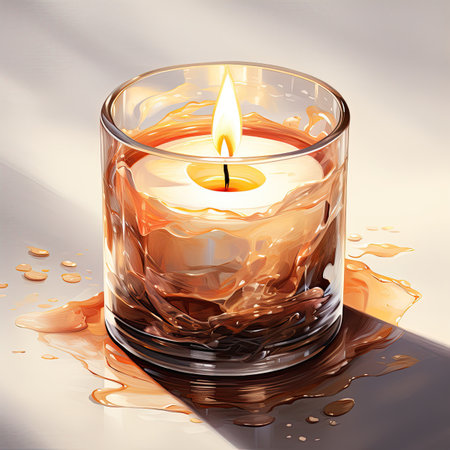Burning candle in a glass ashtray on a white backgroundの素材