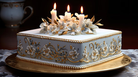 Birthday cake decorated with flowers and candles on a dark background.の素材
