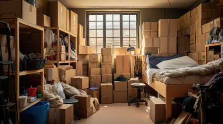 The interior of a new apartment with a lot of boxes and furnitureの素材