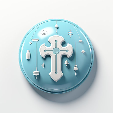 religious symbols in a blue sphere on a white backgroundの素材