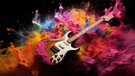 Electric guitar in colorful smoke on a black background.の素材