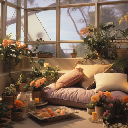 Flower decoration in the living room of a house with a windowの素材