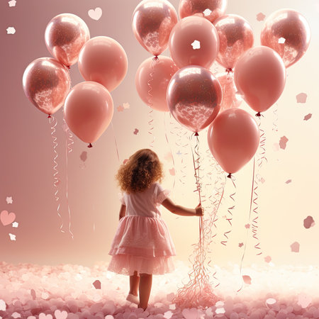 The cute little girl in a pink dress holding a bunch of heart-shaped balloonsの素材