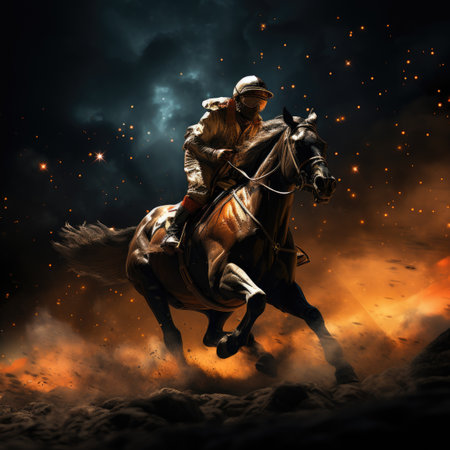 Rider riding a horse in the night sky.の素材