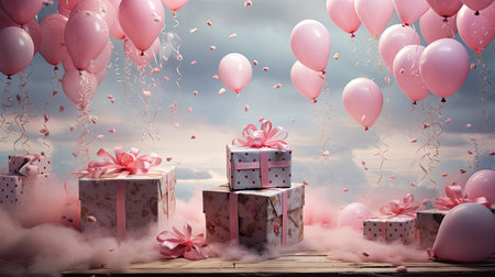 Gift boxes with pink ribbons and pink balloons on wooden tableの素材