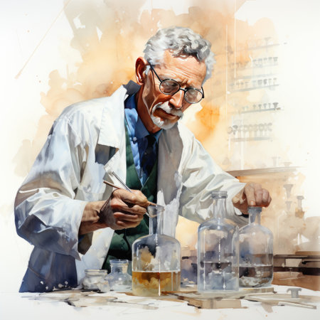 Digital painting of a senior scientist working in a laboratory with a microscope and test tubesの素材