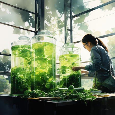 Young woman scientist working in a laboratory with green plants. Science and research concept. Double exposureの素材