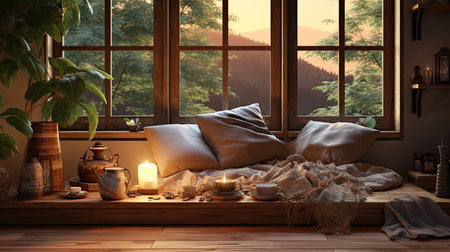 A cozy bedroom with a large window overlooking the mountainsの素材