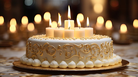 Birthday cake with burning candles on table in restaurant, closeupの素材