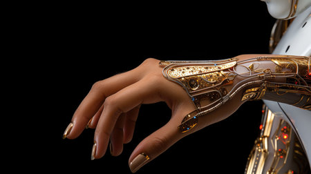 A female robot hand isolated on a black backgroundの素材