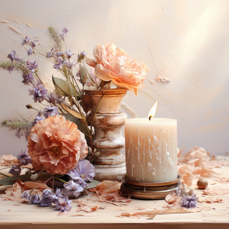 Burning candle and dried flowers in vase on wooden table.の素材
