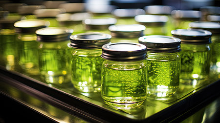Medical glass vials with green liquid on the shelf in the hospitalの素材