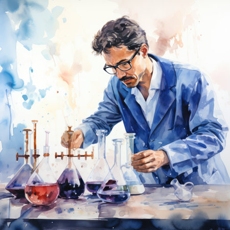 Watercolor Young male chemist working in laboratory.の素材