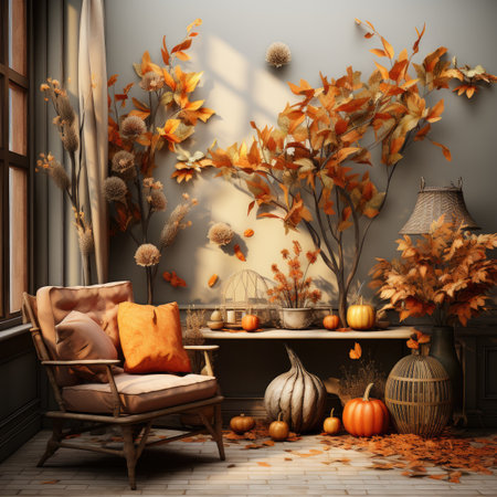 Autumn interior with pumpkins, sofa and chair.の素材