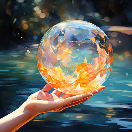 Hand holding a soap bubble on the background of the river.の素材