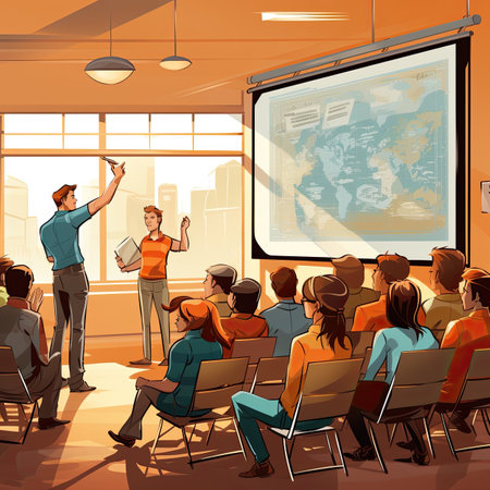 a seminar in a conference room with a projection screenの素材