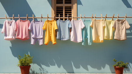 clothes drying on a clothesline in front of a blue wallの素材