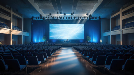 Conference hall with seats and projection screen.の素材
