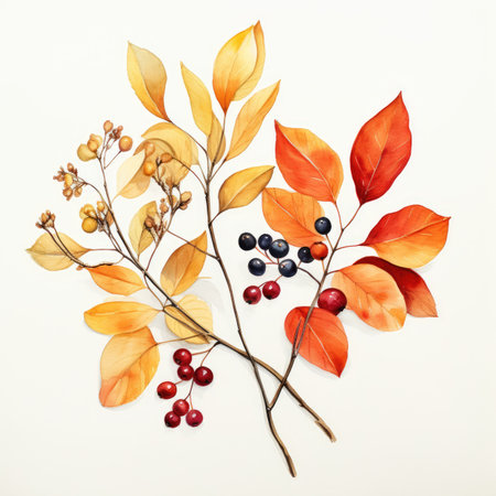 Autumn leaves and berries on white background. Flat lay, top view.の素材
