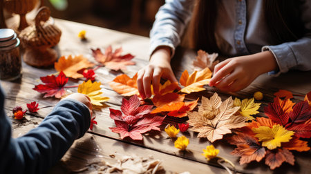 Close-up of little girls hands holding autumn leaves on wooden tableの素材
