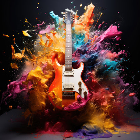 electric guitar in colorful splashes of paint on a black background.の素材