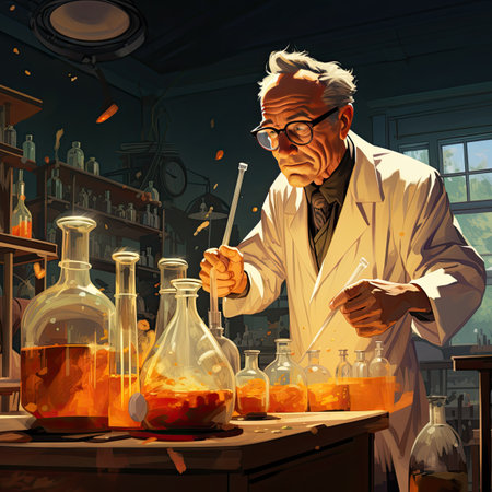 Scientist in laboratory with flasks full of chemicals.の素材