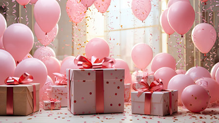 gift boxes with pink ribbons and balloons on the background of the windowの素材