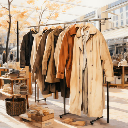 Women's coats on hangers in a fashion store. Autumn seasonの素材