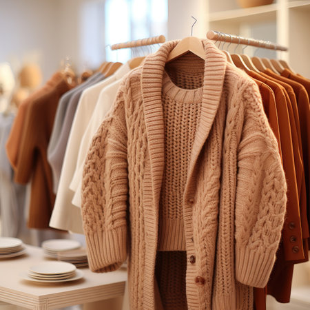 Women's sweaters on hangers in store, closeup viewの素材