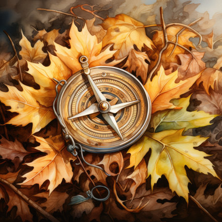 Compass with autumn leaves on dark background. Concept of travel and adventureの素材