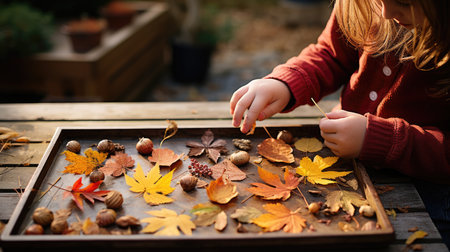 Little girl playing with autumn leaves in the garden. Autumn concept.の素材