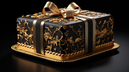 Black gift box with gold ornaments on a black background.の素材