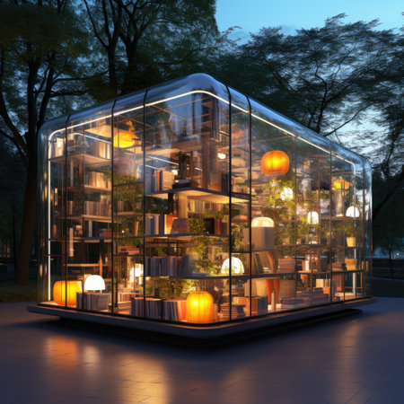 a modern glass house on the street at nightの素材