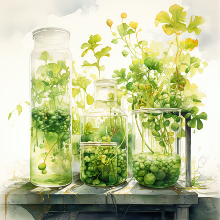 Watercolor illustration of green plants in glass jars on a shelf.の素材