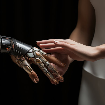 cropped view of woman touching robot hand with fingers isolated on blackの素材