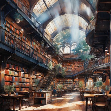 Interior of an old library with bookshelfs and stairsの素材