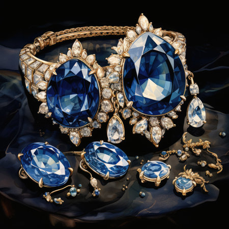 jewelry diamond earrings on black background with blue crystals.の素材