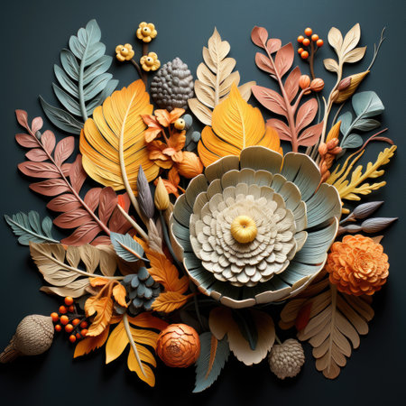 Creative composition with autumn leaves and pine cones on dark background. Flat lay, top viewの素材