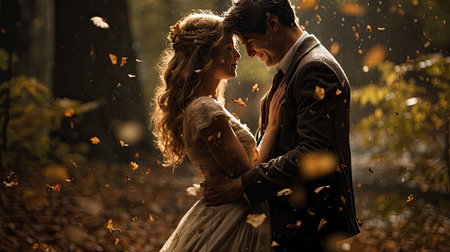 Wedding couple in the autumn forest. Bride and groom in the rainの素材