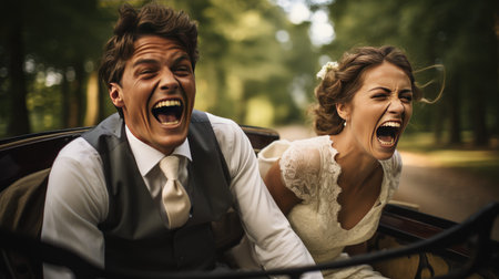 Wedding couple is sitting in a retro car and laughing.の素材