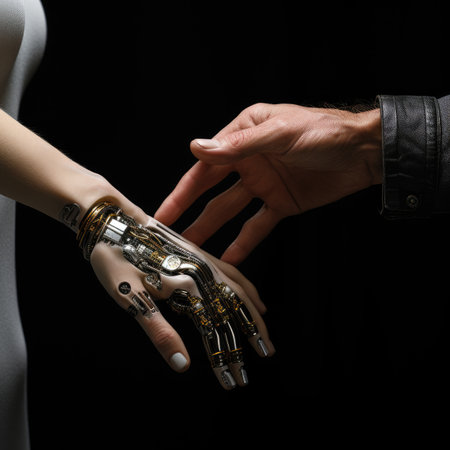 cropped view of man and woman holding robotic hands isolated on blackの素材
