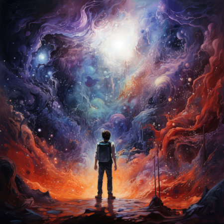 Fantasy scene with a man standing in space surrounded by colorful nebulaの素材