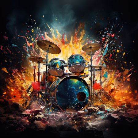 Drum set and splashes of fire on a black background.の素材