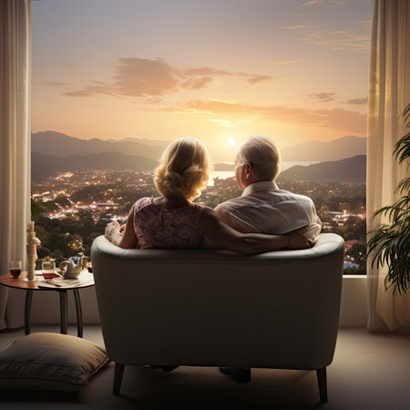 Back view of senior couple sitting on sofa and looking at city at sunsetの素材