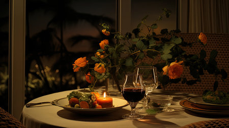 Romantic dinner setting with wine glasses and orange roses on the tableの素材