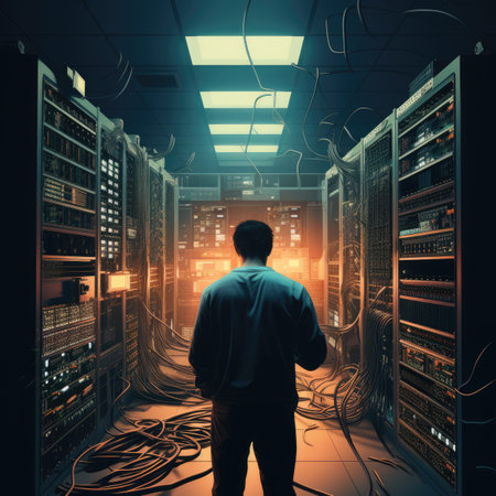 Rear view of a businessman standing in a server room and looking at the networkの素材