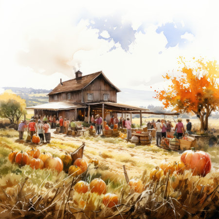 Watercolor Pumpkin farm with people in autumn.の素材