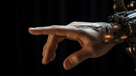 Close-up of a robot's hand with a light bulb on a black backgroundの素材