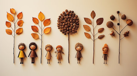 Autumn background with cute little children and autumn leaves. Flat lay.の素材
